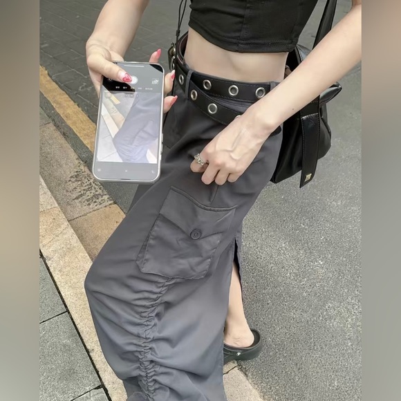 Women Cargo Midi Skirt Gray Medium M Slit Back Pocket Cargo Drawstring Slit - Picture 4 of 16